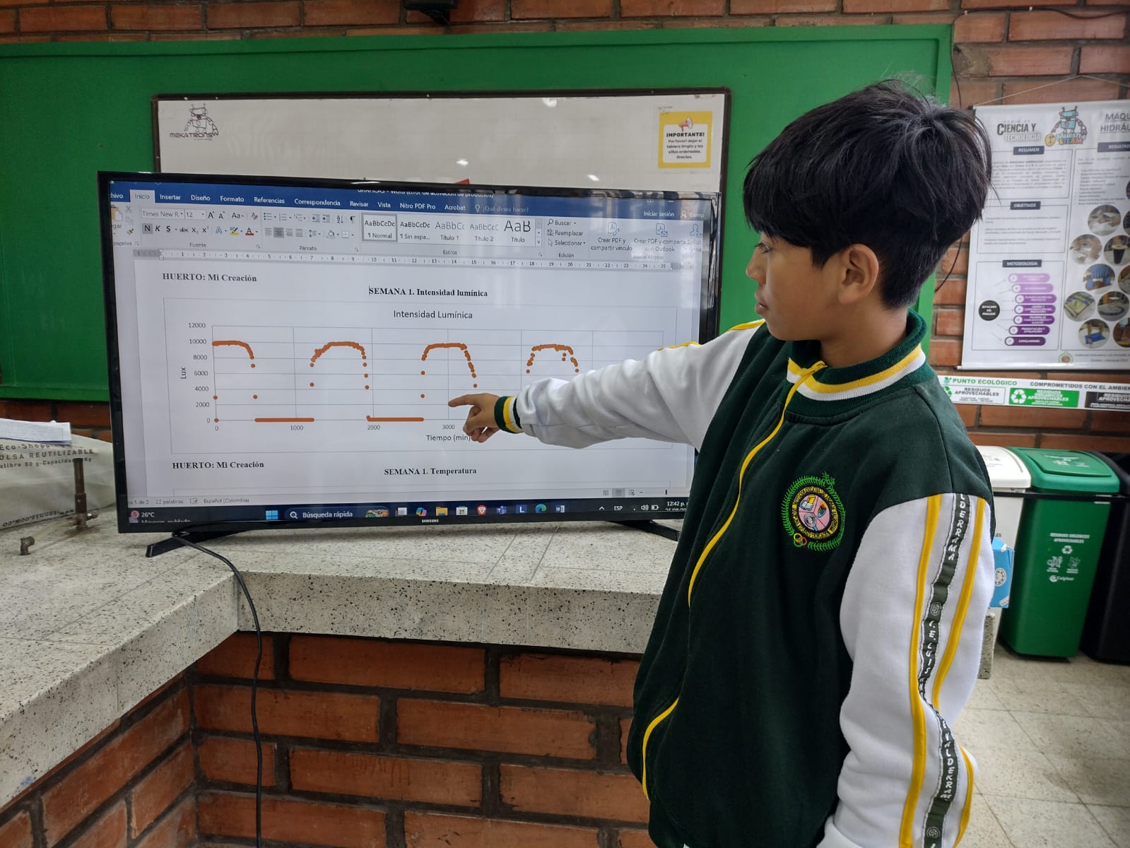 Estudiante analizando gráfica de Intensidad Lumínica Lux vs Tiempo